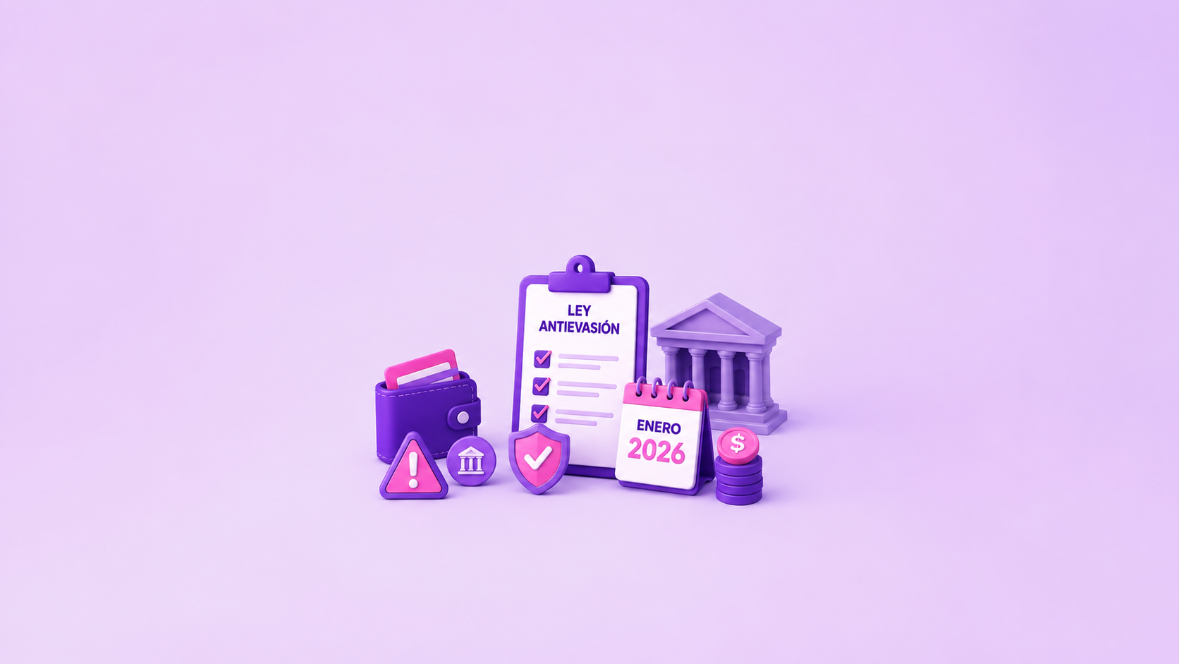 Ilustración 3D de la Ley Antievasión vigente desde enero 2026 en Chile, con íconos de billetera, banco, alerta tributaria y monedas